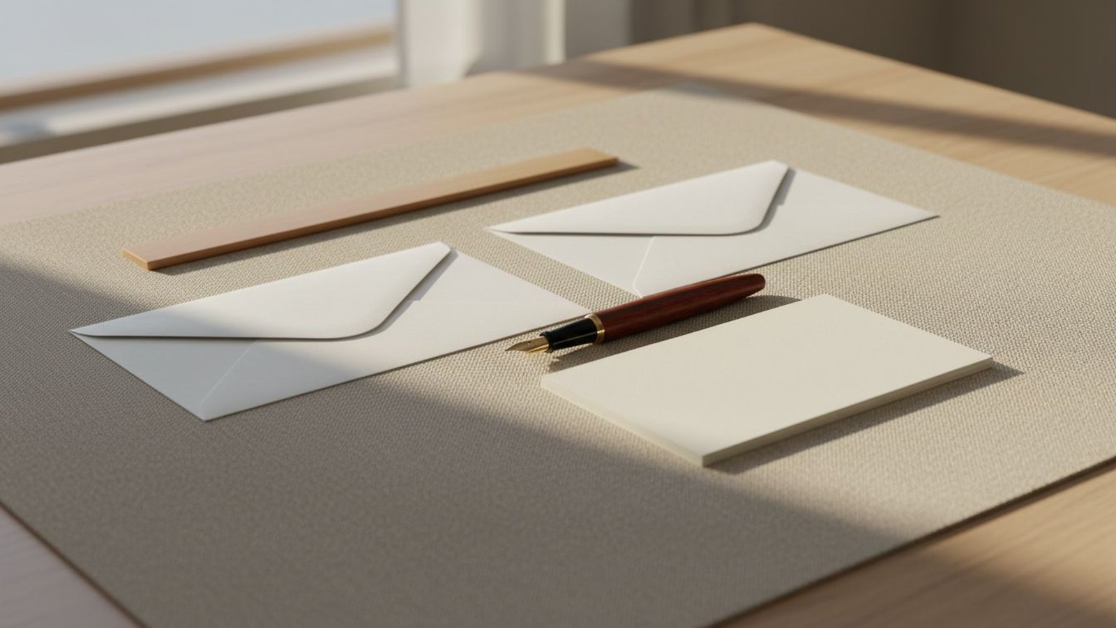 Blank envelopes, an unmarked wooden straightedge, and a pen arranged as a careful layout