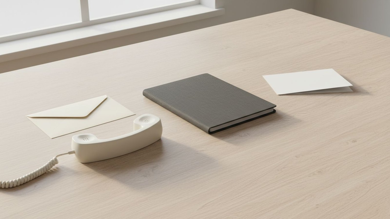 A sealed envelope, corded telephone, closed tablet, and blank greeting card arranged in warm window light