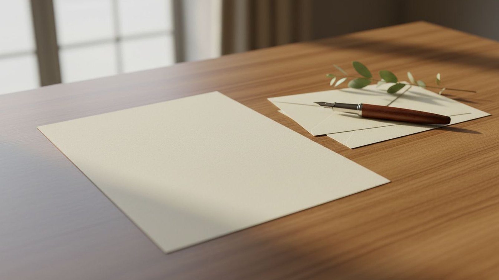 Blank cream paper, sealed envelopes, a fountain pen, and greenery in warm window light