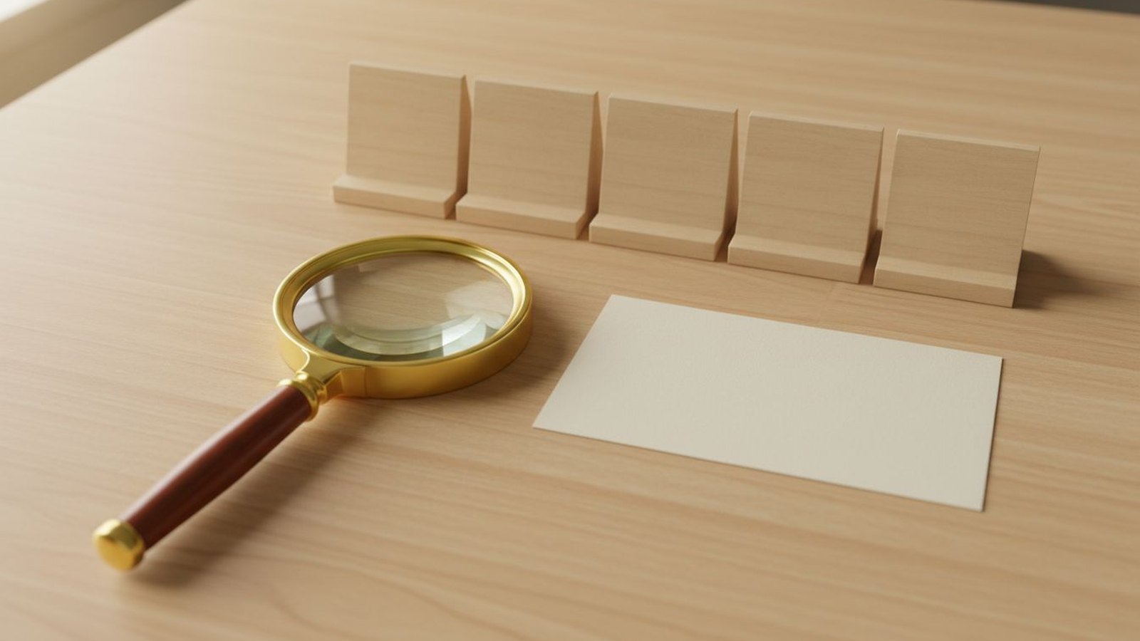 A brass magnifying glass, blank locator card, and wooden index dividers on a maple desk
