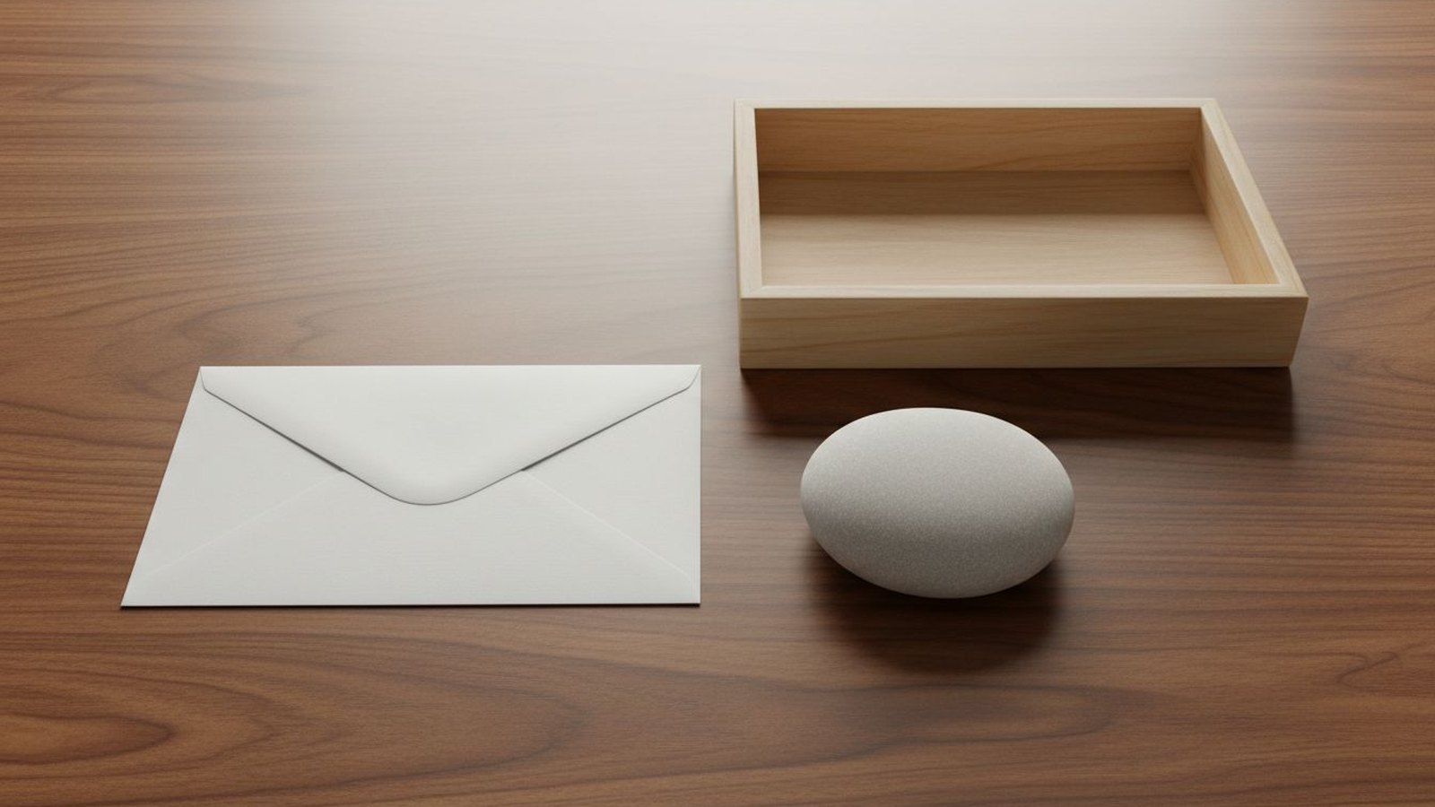 A sealed blank envelope beside a neutral wooden sorting tray and a simple paperweight